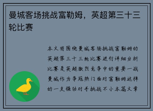 曼城客场挑战富勒姆，英超第三十三轮比赛