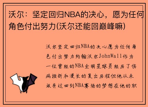 沃尔：坚定回归NBA的决心，愿为任何角色付出努力(沃尔还能回巅峰嘛)