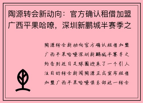 陶源转会新动向：官方确认租借加盟广西平果哈嘹，深圳新鹏城半赛季之约告别
