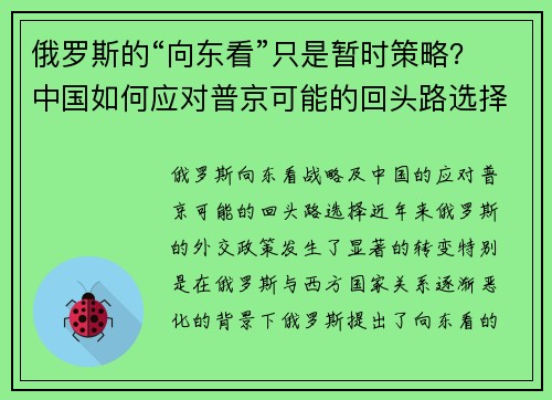 俄罗斯的“向东看”只是暂时策略？中国如何应对普京可能的回头路选择