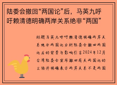 陆委会撤回“两国论”后，马英九呼吁赖清德明确两岸关系绝非“两国”
